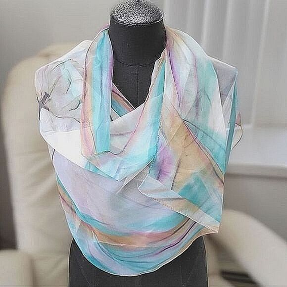 Vtg multicolour pastel watercolour oversized chiffon scarf - Picture 2 of 10